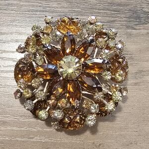 Vintage Large Domed Cola Rhinestone & Crystal Flower Brooch